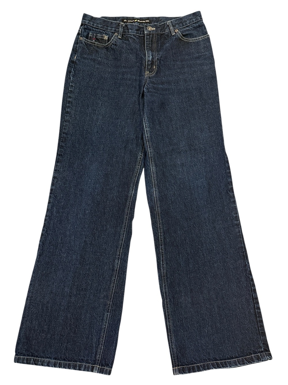 Vintage 90s DKNY Jeans Wide Leg High Rise Dark Wash Denim Distressed Hems Size 8